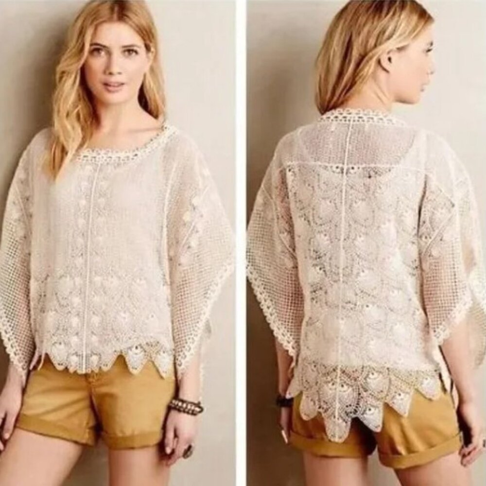 Anthropologie Sparrow cream lace crochet scalloped poncho top in Size XS/S